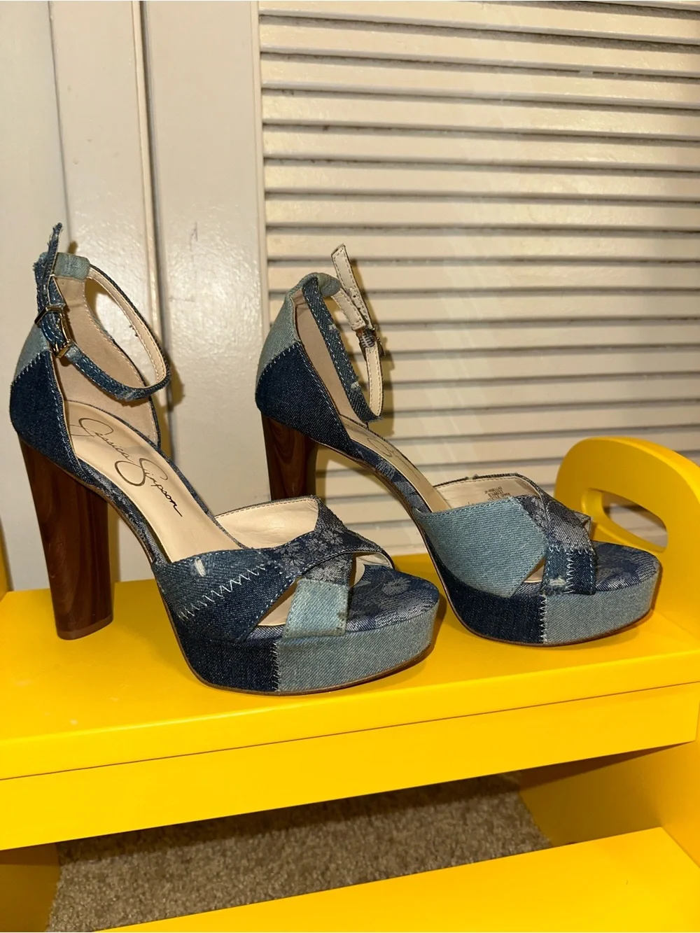 Jessica Simpson Patchwork Blue Denim Platform Sandals with Ankle Strap